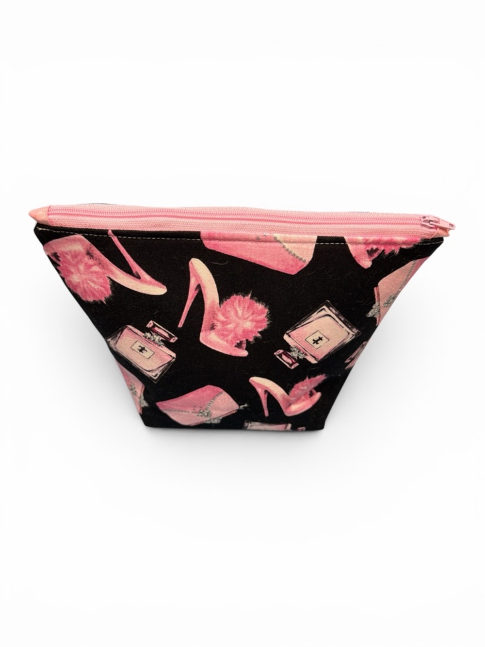 Hand Crafted Zippered Cosmetic Pouch Pink & Black with Purse Shoe Perfume Print - Picture 3 of 5